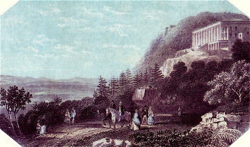 The Mountain House from the turn in the carriage road, hand colored engraving by Washington Friend, 1865