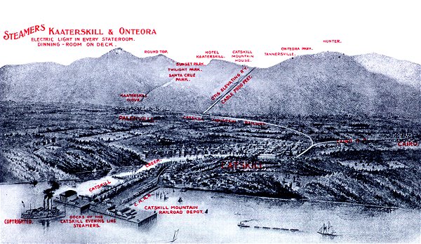 Postcard showing the steamship landing at Catskill on the Hudson River, and the rail lines to the Otis and the Mountain House.